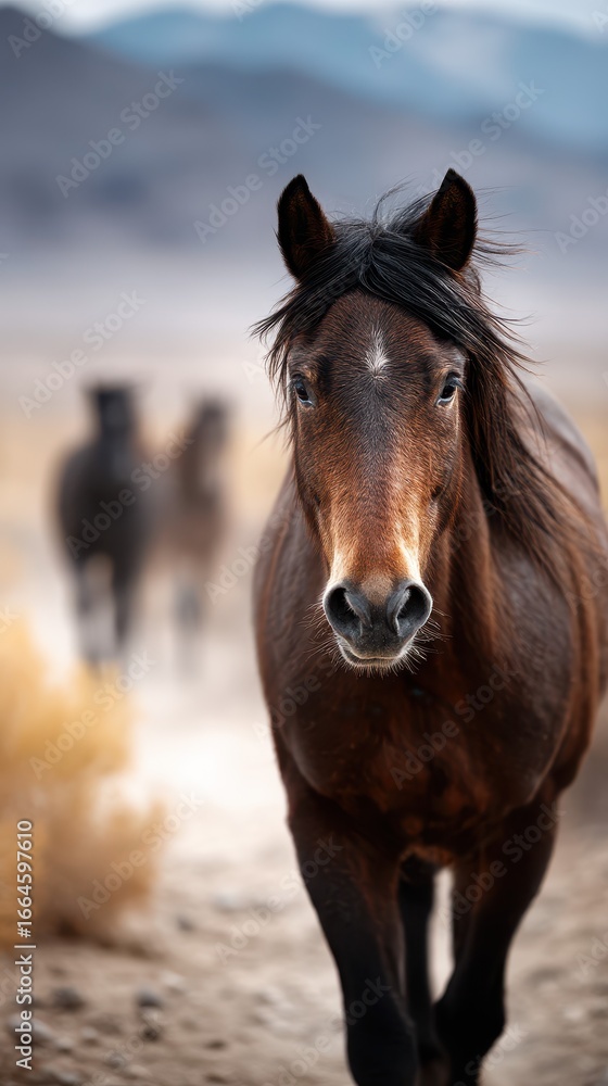 Wild horses roaming in the open landscape of a desert valley during golden hour Wild horses roaming in the open landscape of a desert valley during golden hour