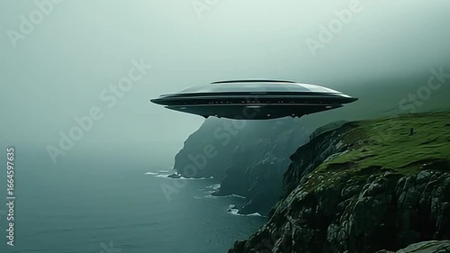 UFO Landed on Cliff by the Sea in Foggy Landscape