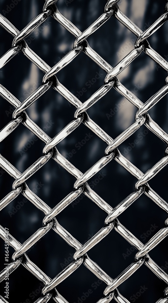 Fototapeta premium Close-up of iron chain-link fence texture and silver metal mesh pattern with sharp focus against dark night sky background showcasing industrial