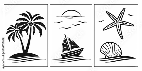Tropical Beach Scene Icons with Palm Trees Sailboat Starfish and Seashell.