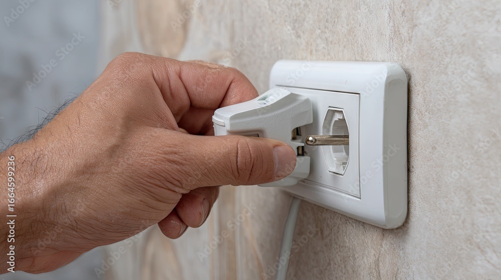 Naklejka premium Hand Inserting Plug into Wall Socket for Electrical Connection in Home Environment