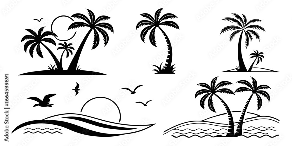 Fototapeta premium Tropical Palm Trees and Ocean Waves Silhouette Collection 1.