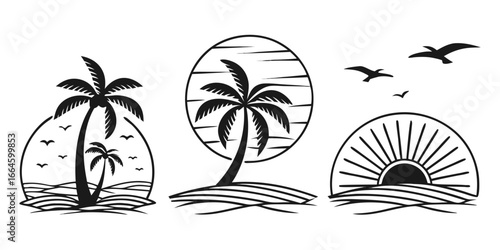 Tropical Palm Trees and Ocean Sunset Scene.