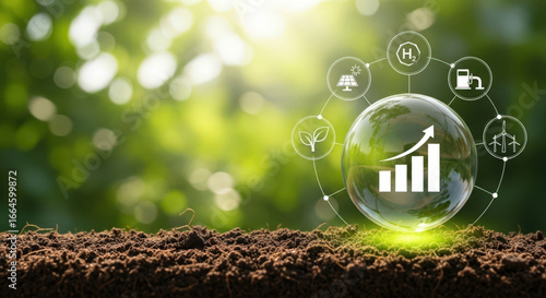 Sustainable Investment Growth Concept A Globe with a Rising Bar Graph Surrounded by Renewable Energy Icons Represents Green Finance and Environmental Responsibility