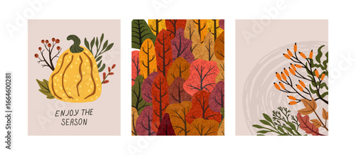 Autumn banners with pumpkin, colorful foliage and berries enjoying the season
