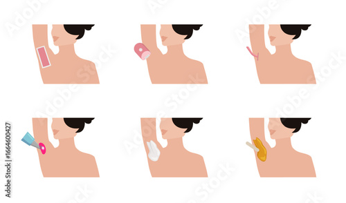 Woman removing armpit hair using different methods