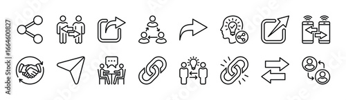 Share thin line icon set. Contains sharing ideas, connection arrow, link, send, data transfer, handshake agreement, meeting people, teamwork, communication for social media. Vector illustration