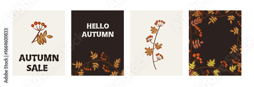Autumn sale social media post templates featuring rowan berries and leaves