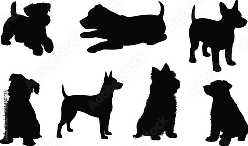 Black dog silhouettes in various poses, sitting, standing, lying down, breed diversity, pet anatomy, canine posture, isolated vector illustration, animal graphic