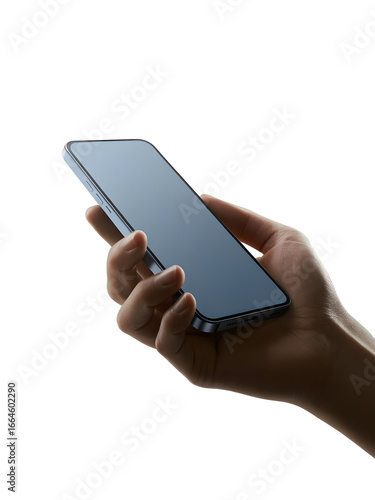 Person using a contemporary touchscreen smartphone, isolated on white with elegant side lighting for a dramatic effect