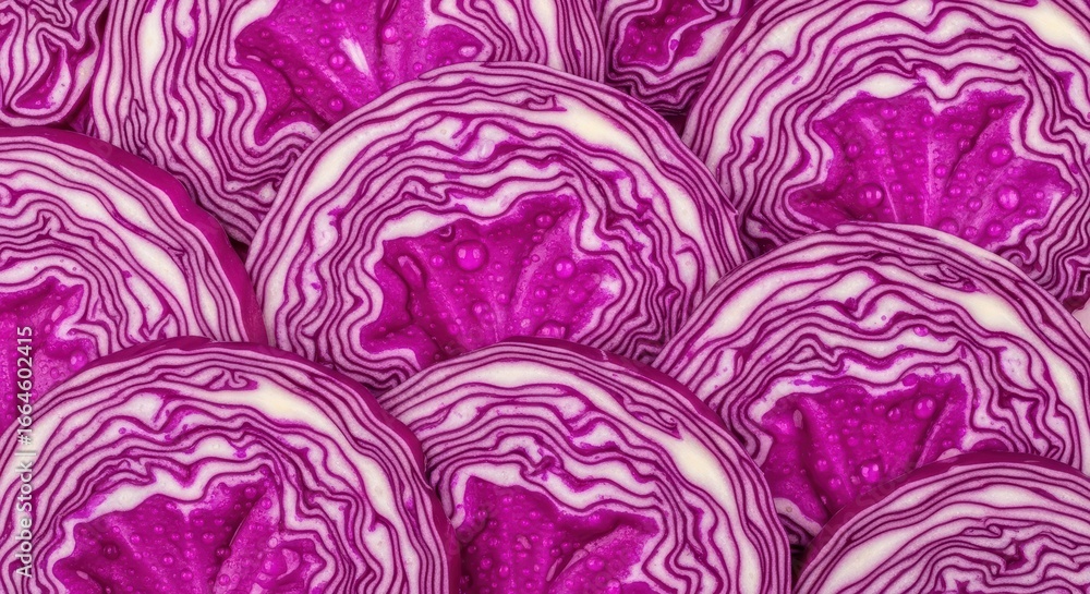 Obraz premium Close-up of sliced purple cabbage with intricate patterns and vibrant colors