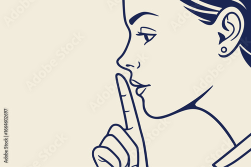 Minimalist line art of woman making shhh gesture with finger over lips