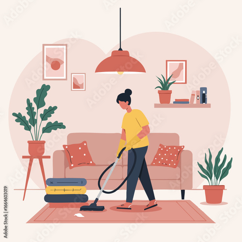 Woman in a modern living room diligently vacuuming the rug, completing her routine household chores to maintain a pristine and comfortable home environment