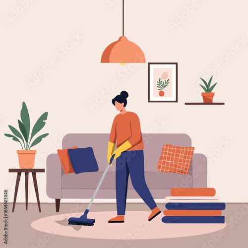 A diligent woman in gloves performs essential daily housework, meticulously cleaning the floor with a mop in her modern and comfortable living room, maintaining a pristine home environment
