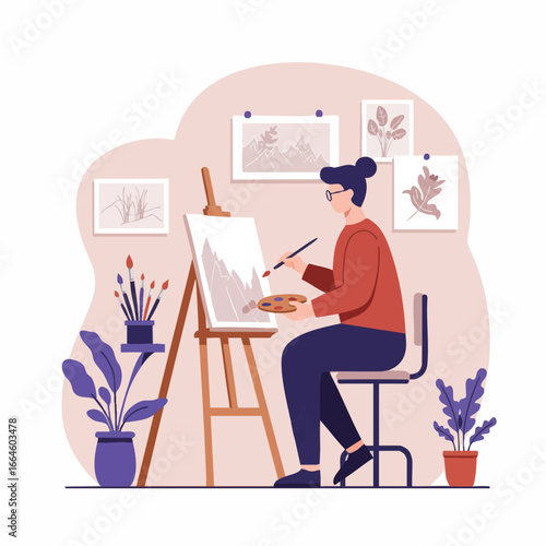 Creative Spirit Woman Artist Immersed in Painting on Easel, Expressing Artistic Talent and Enjoying a Relaxing Hobby at Home