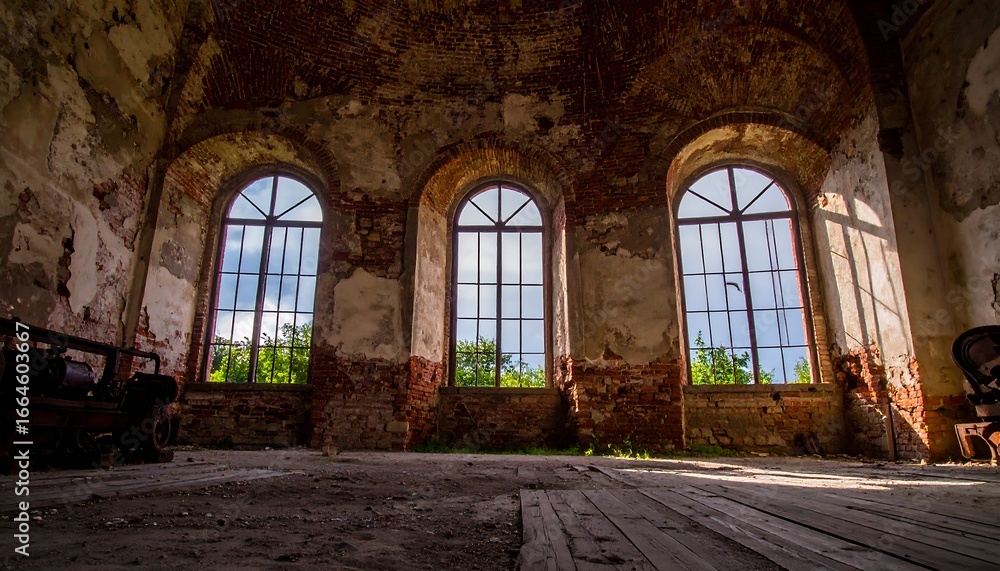 Fototapeta premium Ruined building interior, sunlight through windows