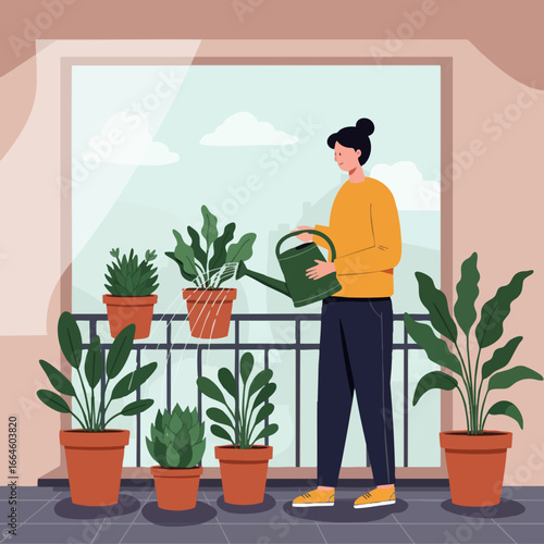 Woman watering plants on a balcony, nurturing indoor garden with care, enhancing home with green