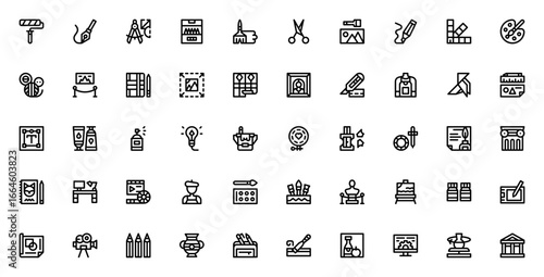 Art and Design icon set. Vector illustration. Includes symbols for paint roller, pen tool, compass, color pencils, paint brush, scissors, painting and more. Editable stroke.