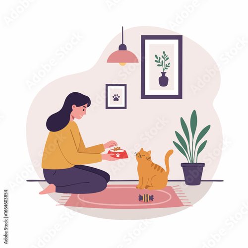 Woman Feeding Her Adorable Cat at Home