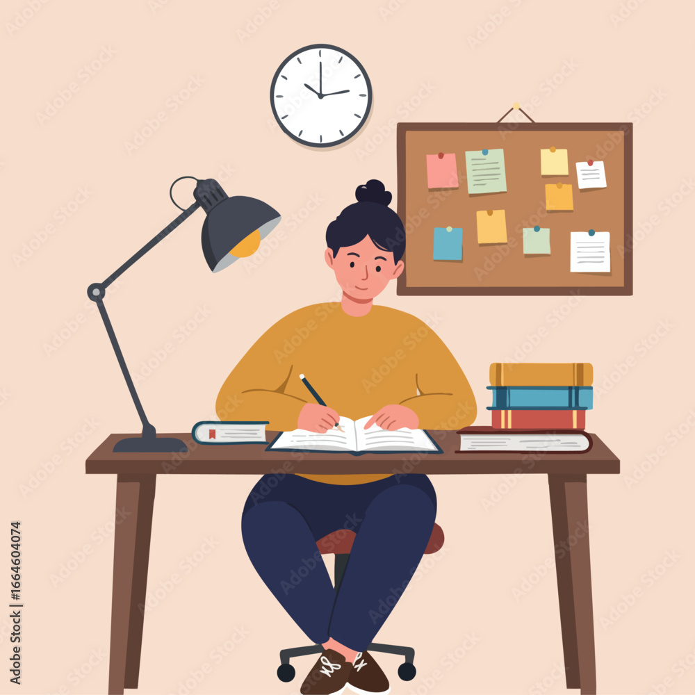 Fototapeta premium A focused young woman diligently studying at her desk with a lamp, books, and a bulletin board in the background, promoting education and self-improvement