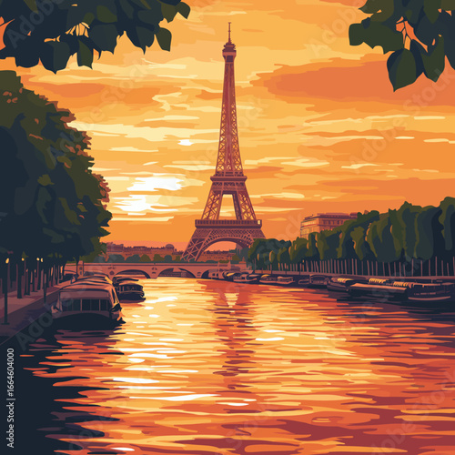 Eiffel Tower sunset reflection over the Seine River