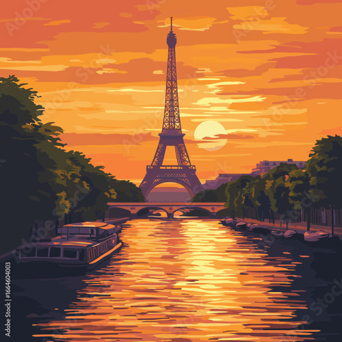 Eiffel Tower sunset reflection over the Seine River