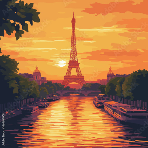 Eiffel Tower sunset reflection over the Seine River