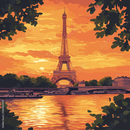 Eiffel Tower sunset reflection over the Seine River