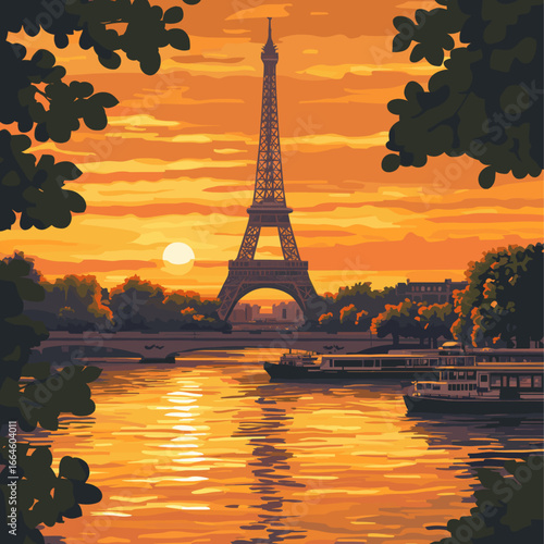 Eiffel Tower sunset reflection over the Seine River