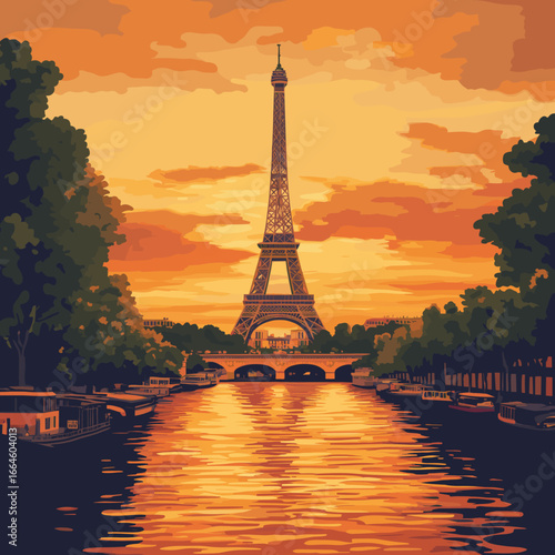 Eiffel Tower sunset reflection over the Seine River