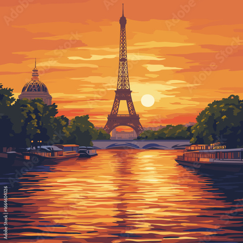 Eiffel Tower sunset reflection over the Seine River