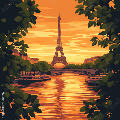 Eiffel Tower sunset reflection over the Seine River