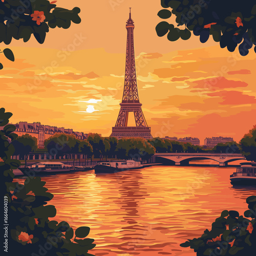 Eiffel Tower sunset reflection over the Seine River