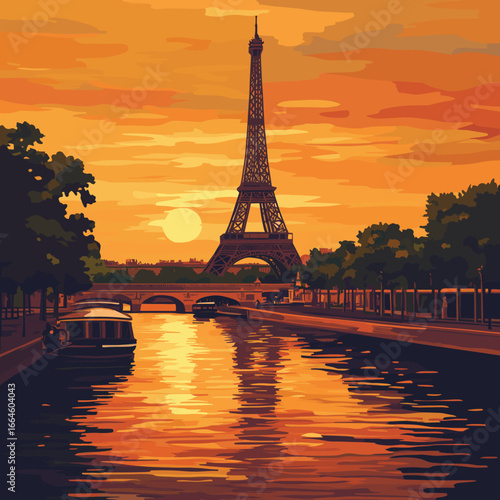 Eiffel Tower sunset reflection over the Seine River