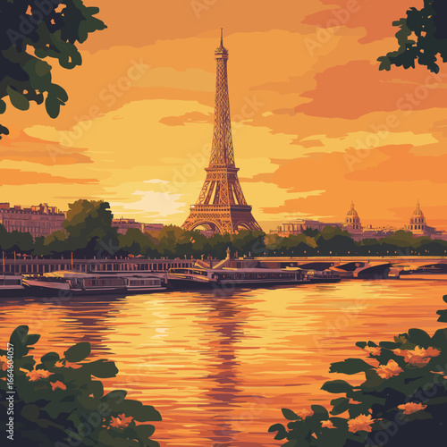 Eiffel Tower sunset reflection over the Seine River