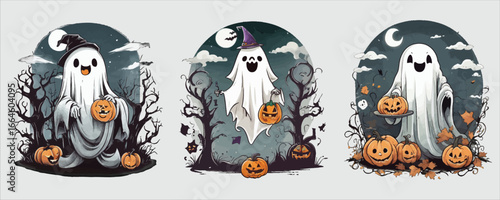 Art of spooky halloween night with ghost and pumpkins