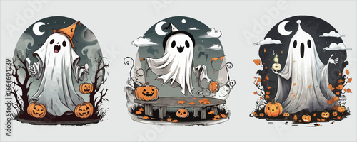 Art of three halloween ghosts in a spooky scene