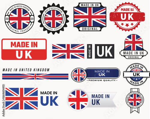 Set of United Kingdom stamps, labels and emblems with UK flag- made in Britain designs.