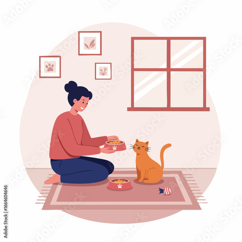 Woman Feeding Her Adorable Cat at Home
