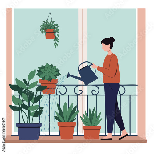 A woman tending to her vibrant indoor plants on a sunlit balcony, enjoying a peaceful gardening hobby and bringing a touch of nature into her urban home space