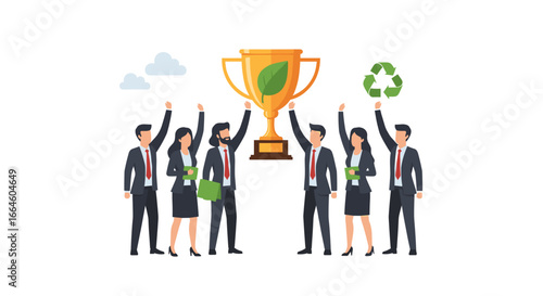A triumphant business team celebrates a significant environmental sustainability achievement, proudly displaying a golden trophy with a green leaf and recycling icon.