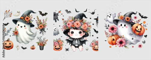 Art of watercolor halloween ghost and witch