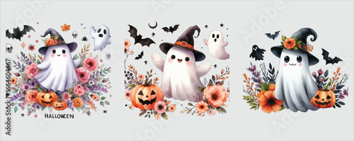 Art of watercolor halloween ghosts and witches