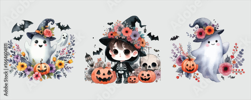 Art of halloween ghosts and skeletons with pumpkins