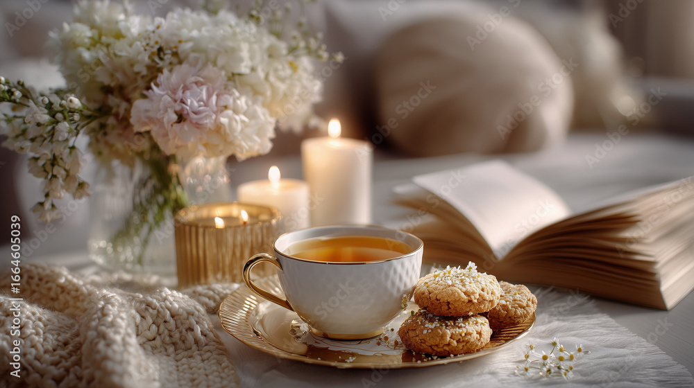Fototapeta premium A Cup Of Chamomile Tea With a Gingerbread on An Autumn Evening