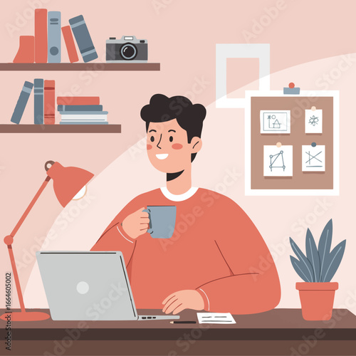 Man working at home office with laptop, drinking coffee and looking happy. Freelance work