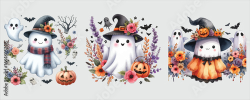 Art of cute halloween ghosts with floral decoration