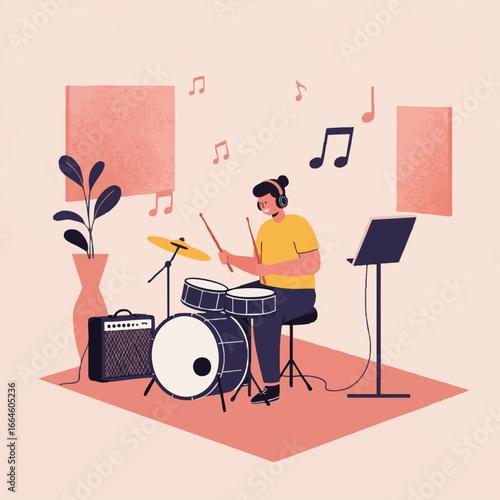 Focused musician with headphones passionately playing the drums in a home music studio, creating a rhythmic beat