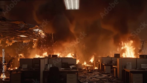 office interior burning with fire spreading through cubicles and ceiling