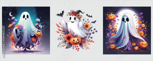 Art of cute halloween ghosts with floral decoration